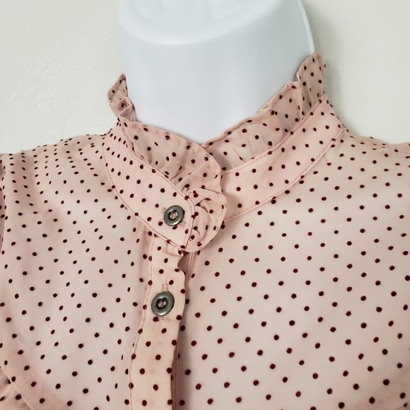 Zara Women's Small Sheer Light Pink Long Sleeve Blouse Red Velvet Polka Dots Top - Picture 3 of 9